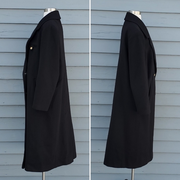 Vintage 80s Retro Preppy Acadamia Black Wool Union Made Longline Trench Coat 12 - Picture 2 of 6